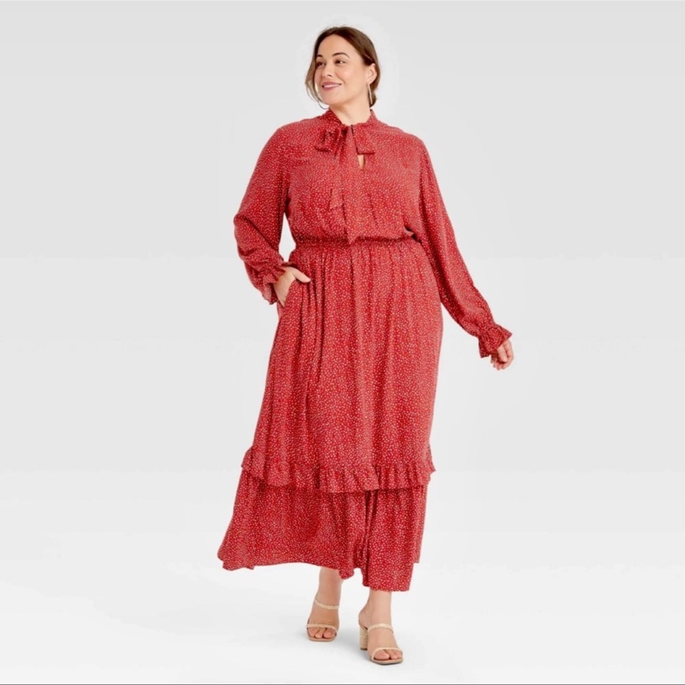1X Plus Size Tiered Red Spotted Long Sleeve maxi dress